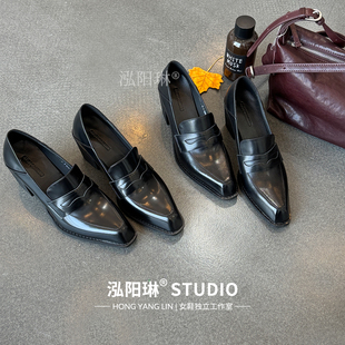 泓阳琳～方头粗跟乐福鞋女款2026春季新款单鞋通勤小皮鞋高跟女鞋