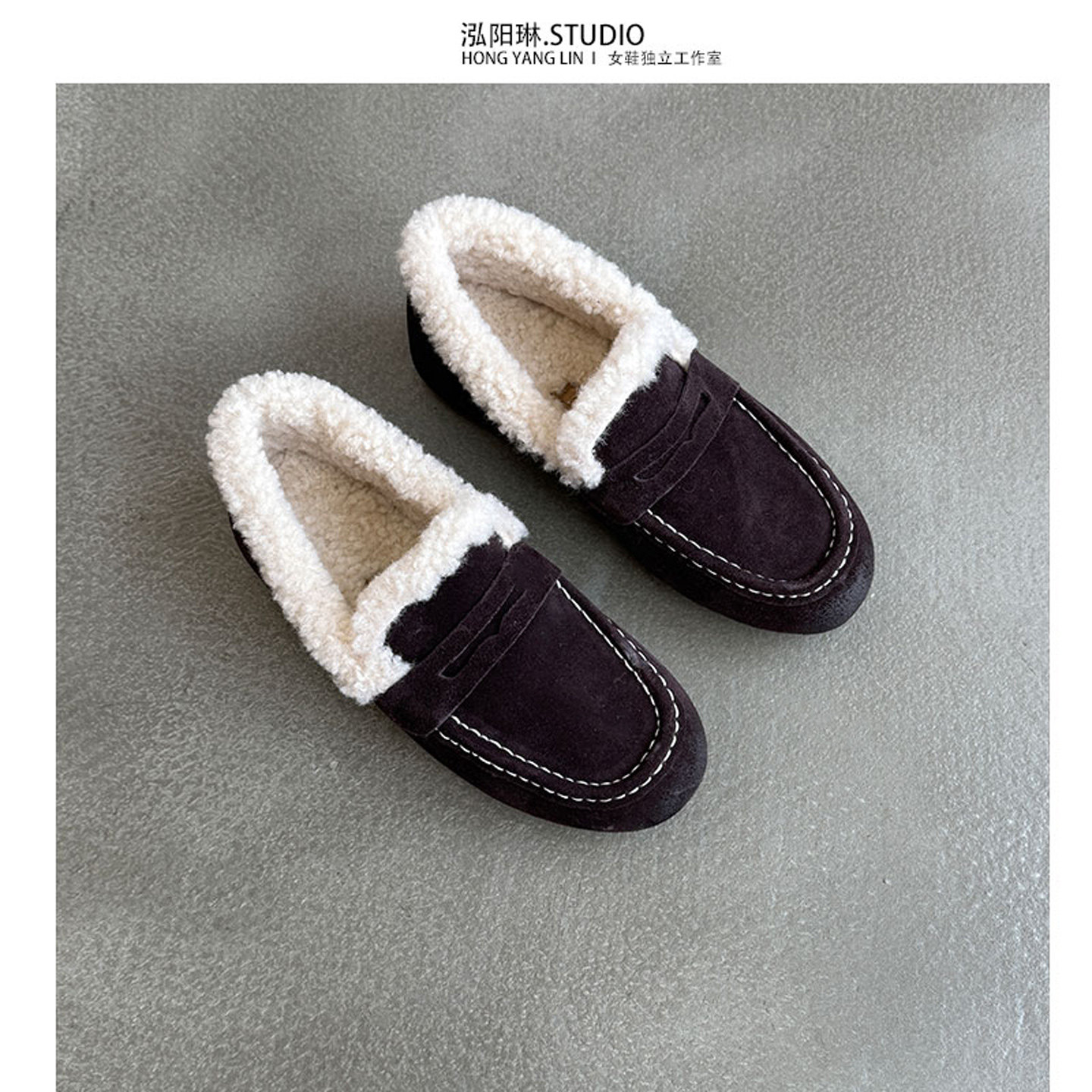 泓阳琳~磨砂牛皮保暖加绒平底单鞋女毛毛鞋勃肯鞋冬季乐福鞋女鞋
