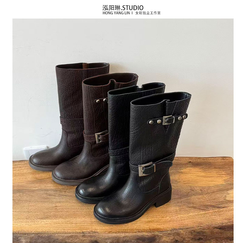 泓阳琳~黑色长筒靴子女款2025冬季新款爆款不过膝骑士靴高筒长靴