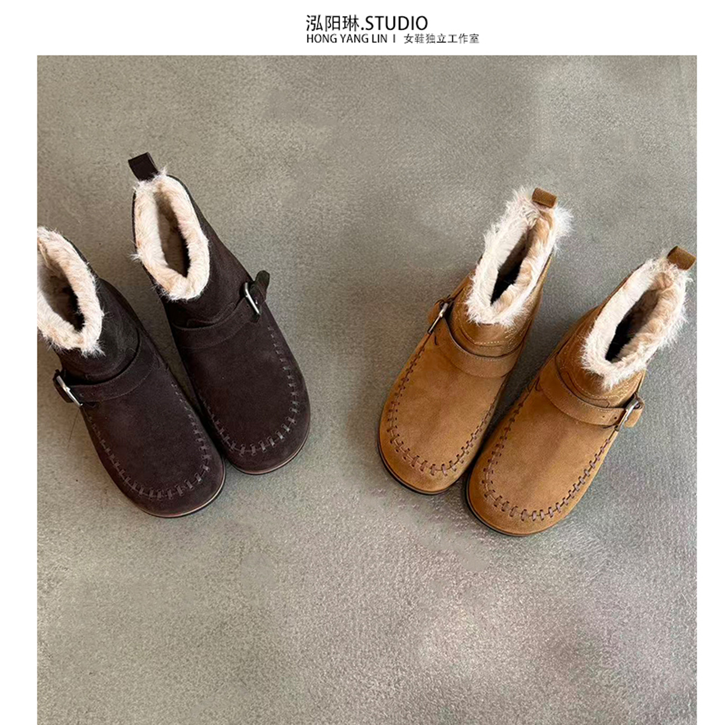 泓阳琳~冬季加绒加厚雪地靴女保暖2025新款棉鞋皮毛一体勃肯短靴