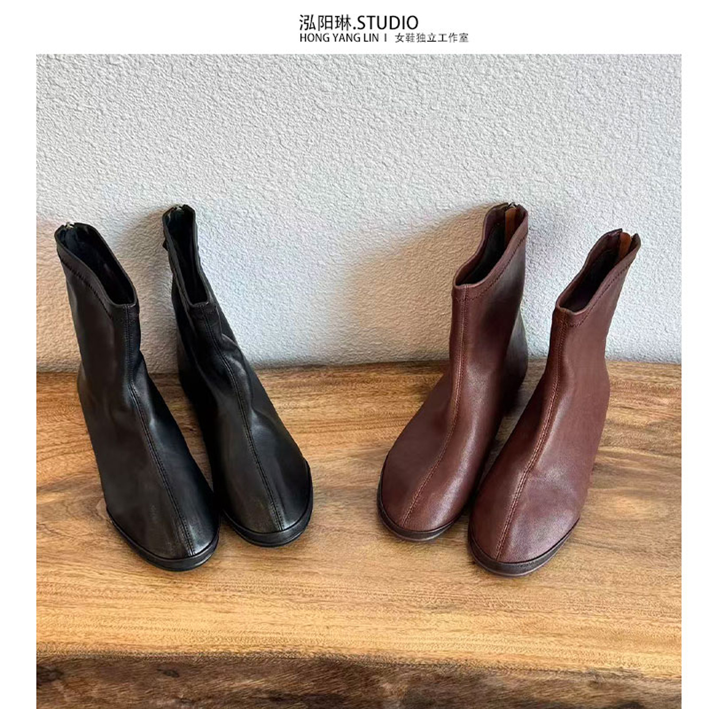 泓阳琳~棕色方头短靴女款2025冬季新款爆款加绒皮面超火马丁靴