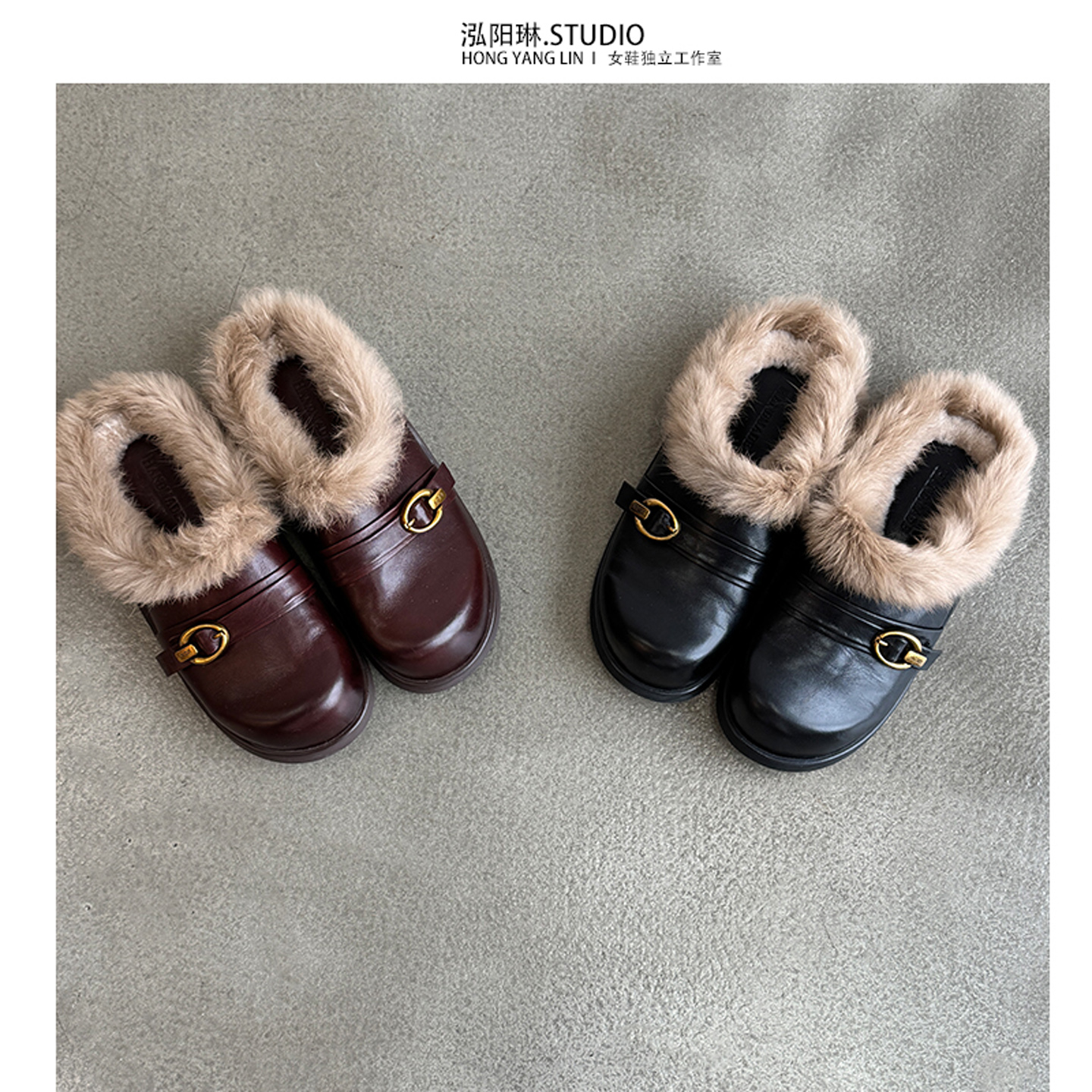 泓阳琳~牛皮平底包头半拖鞋女外穿冬季穆勒鞋毛毛鞋大码女鞋41-42
