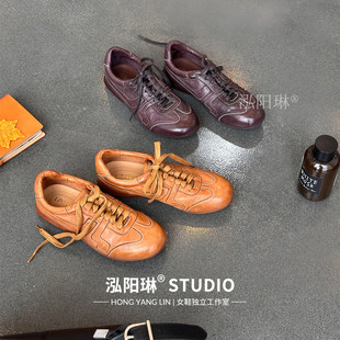 泓阳琳～复古做旧德训鞋女2026春新款系带平底大尺码40单鞋41休闲