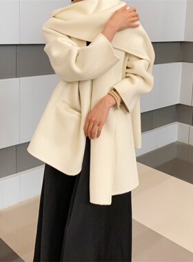 围巾双面羊毛大衣女短款25年秋冬新款韩版高级感宽松斗篷毛呢外套
