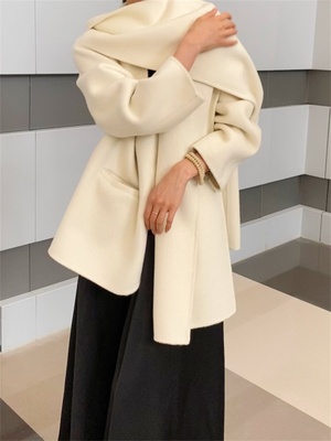 围巾双面羊毛大衣女短款25年秋冬新款韩版高级感宽松斗篷毛呢外套