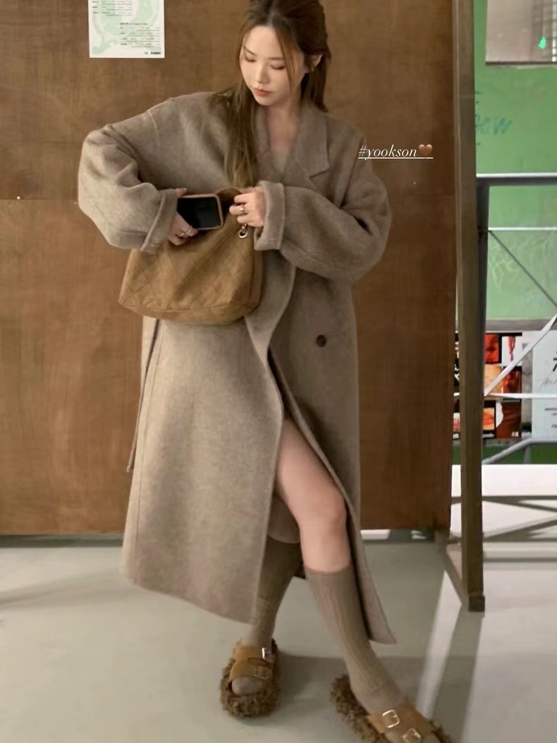 黑哥同款沙茶色双面羊毛大衣女中长款25年秋冬新款绵羊毛毛呢外套