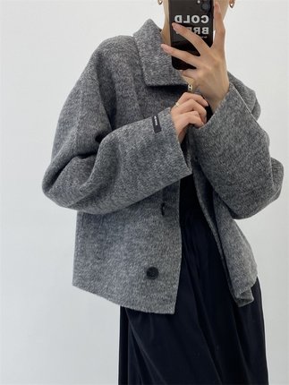 灰色双面羊绒大衣女短款小个子2025年秋冬新款宽松高级感毛呢外套