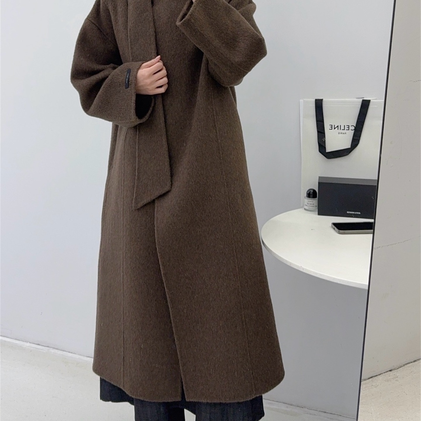 法式优雅双面羊毛大衣女中长款25年秋冬宽松单排扣小围巾毛呢外套