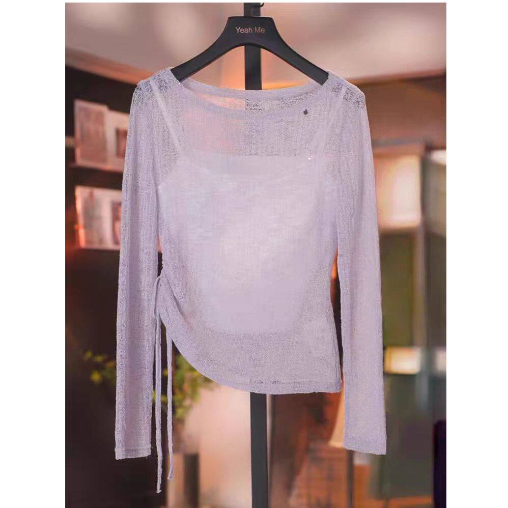 2026新款韩系薄款镂空防晒针织罩衫女夏季宽松t恤收腰一字领上衣