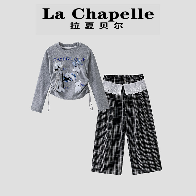 拉夏贝尔童装秋装套装女童2026新款卡通T恤花边格子裤宝宝两件套