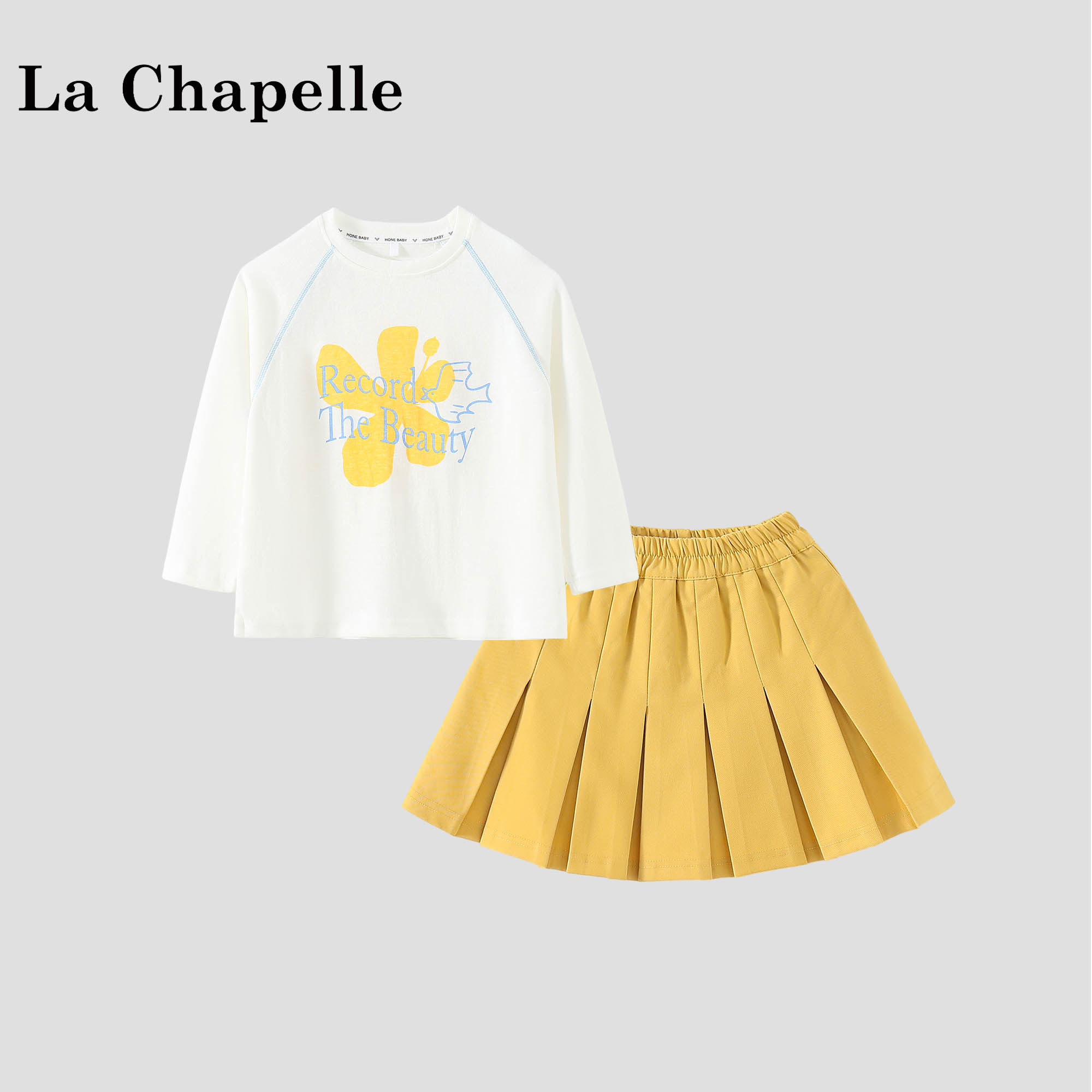 拉夏贝尔女童套装2026春新款小女孩洋气印花T恤女宝百褶裙两件套