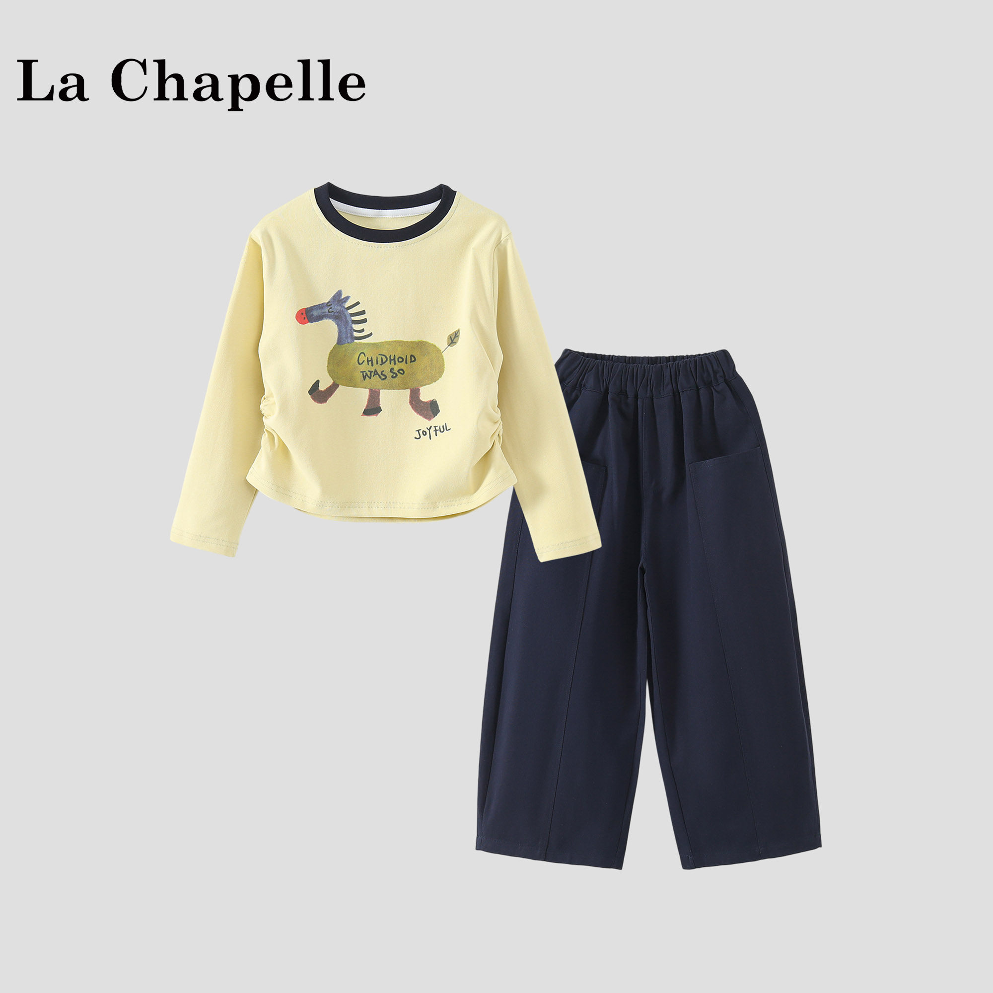 拉夏贝尔女童卡通套装2026新款儿童印花长袖T恤儿童春秋装两件套