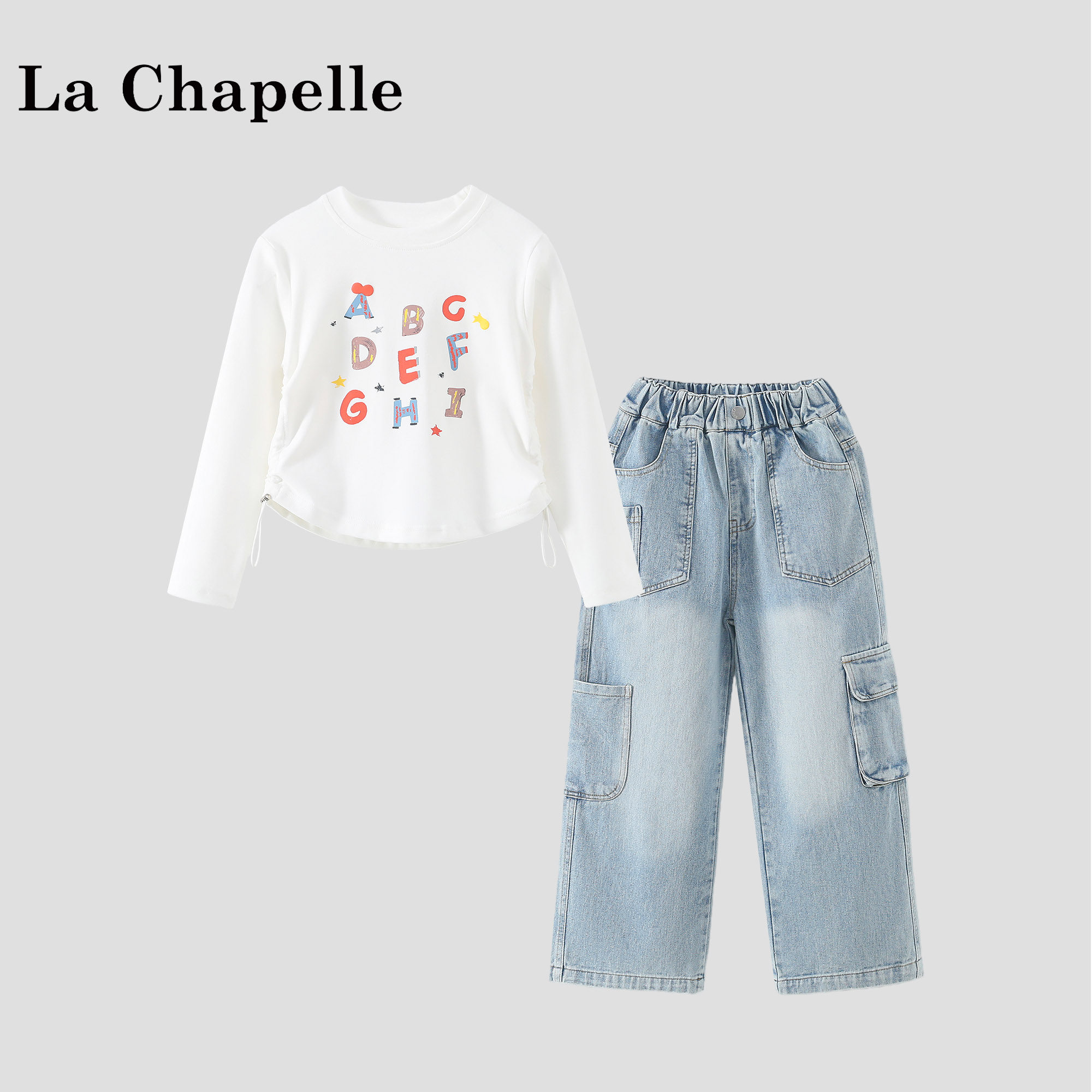 拉夏贝尔女童套装2026新款女宝春装印花T恤儿童牛仔工装裤两件套