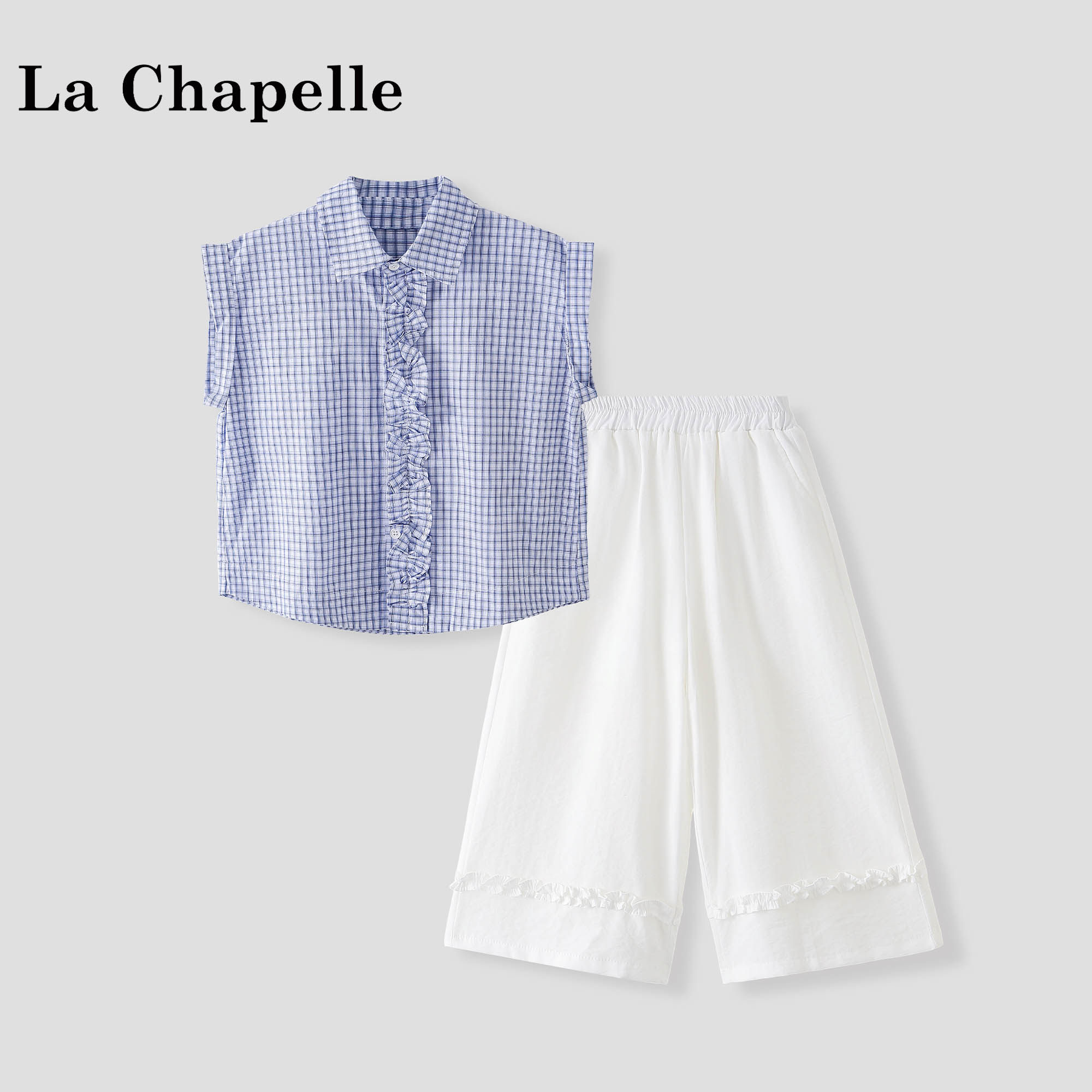 拉夏贝尔女童衬衫套装2026夏季新款洋气无袖上衣儿童阔腿裤两件套