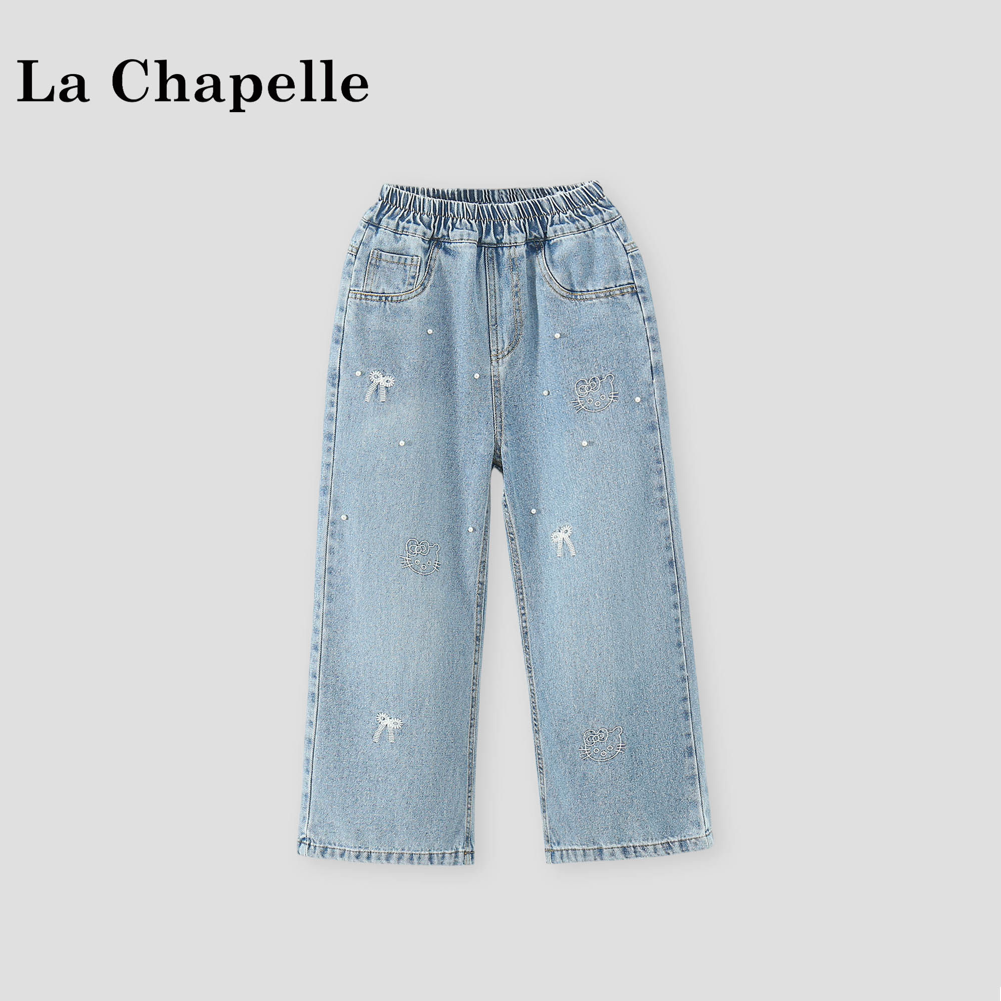 拉夏贝尔女童牛仔裤夏装2026新款儿童烫钻猫咪刺绣长裤宝宝牛仔裤