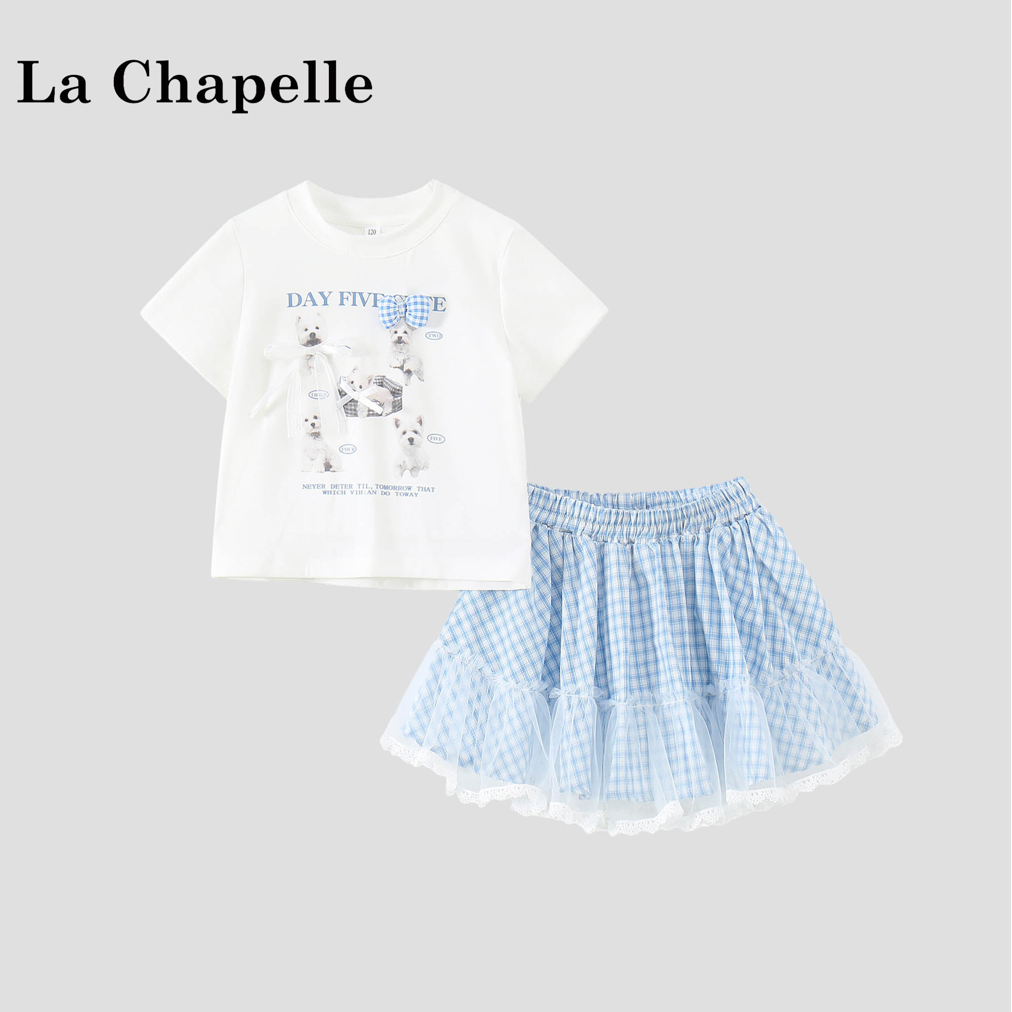 拉夏贝尔女童短袖套装2026新款儿童印花T恤格纹半身裙夏装两件套