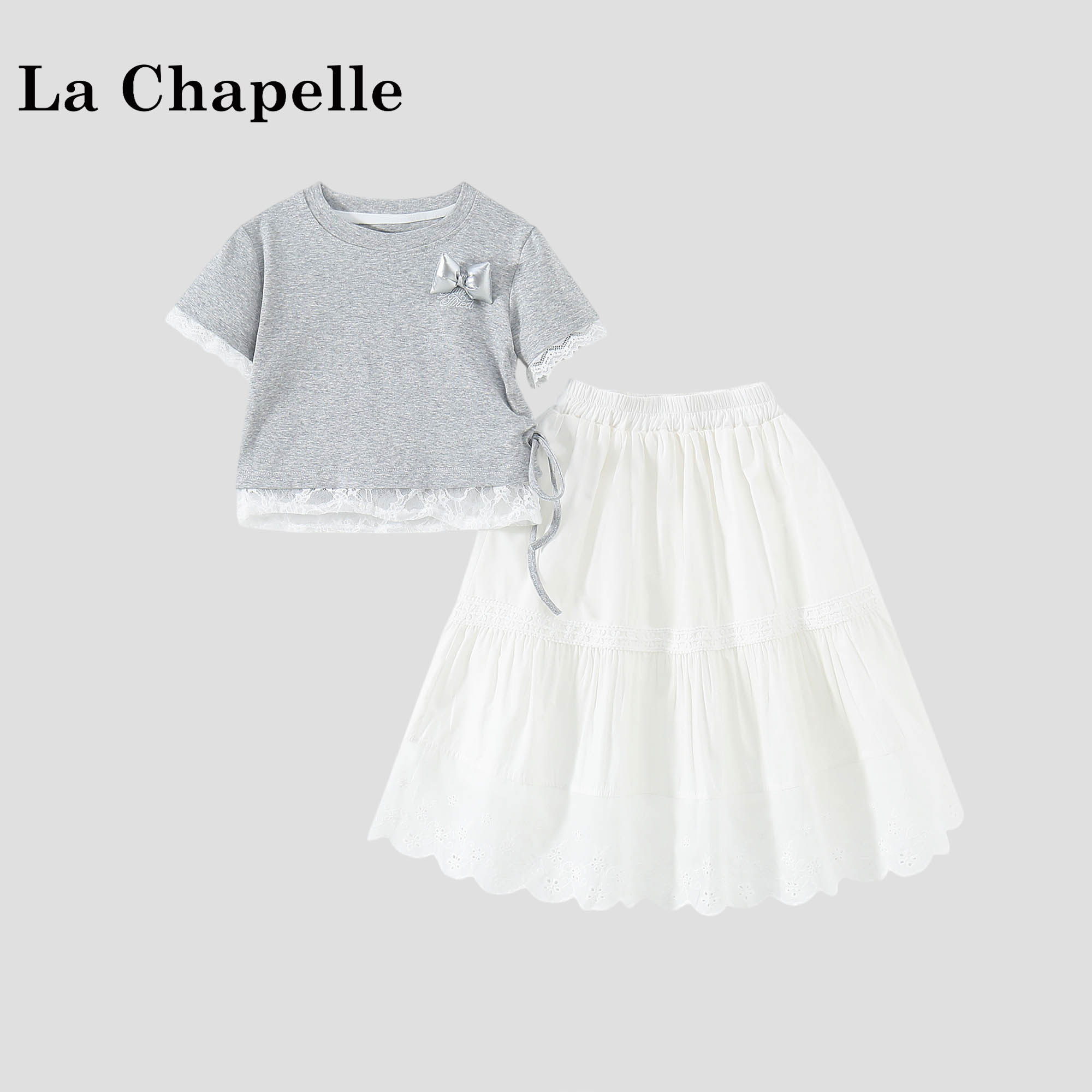 拉夏贝尔女童休闲套装2026新款女宝蕾丝短袖半身裙夏装薄款两件套