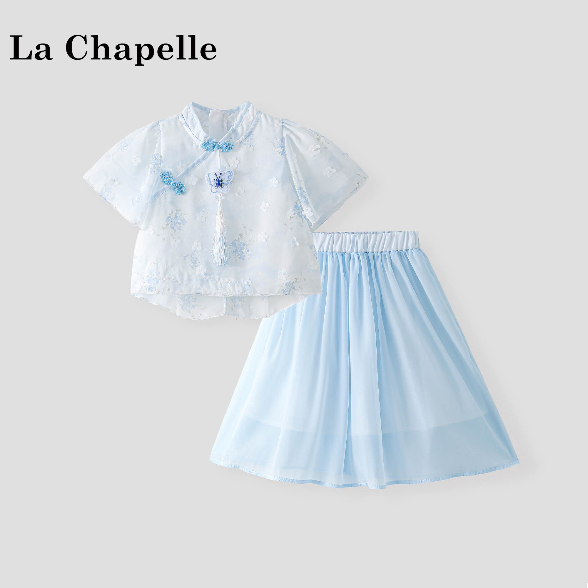 拉夏贝尔女童新中式衣服裙子套装