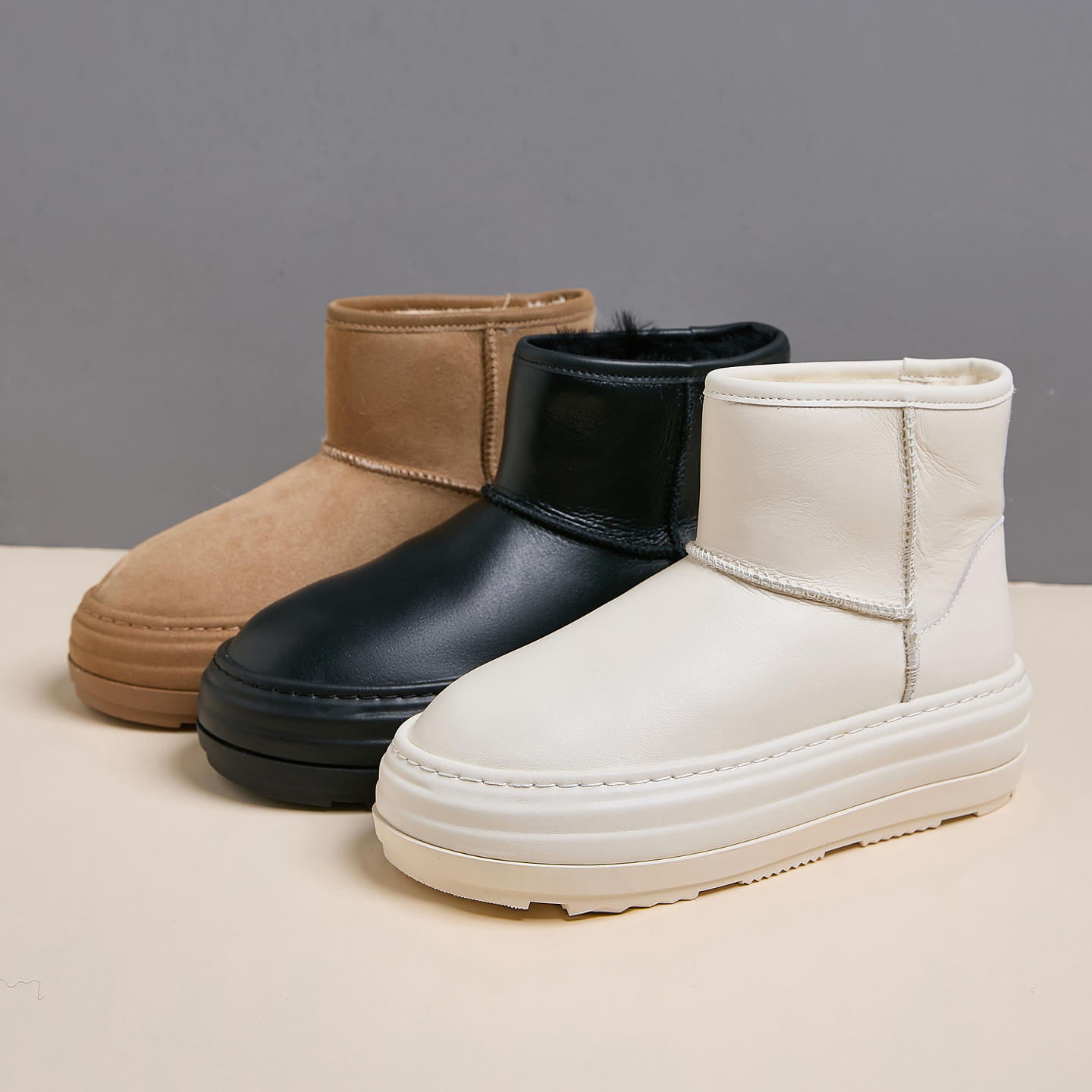 羊皮毛一体雪地靴女真皮厚底短靴
