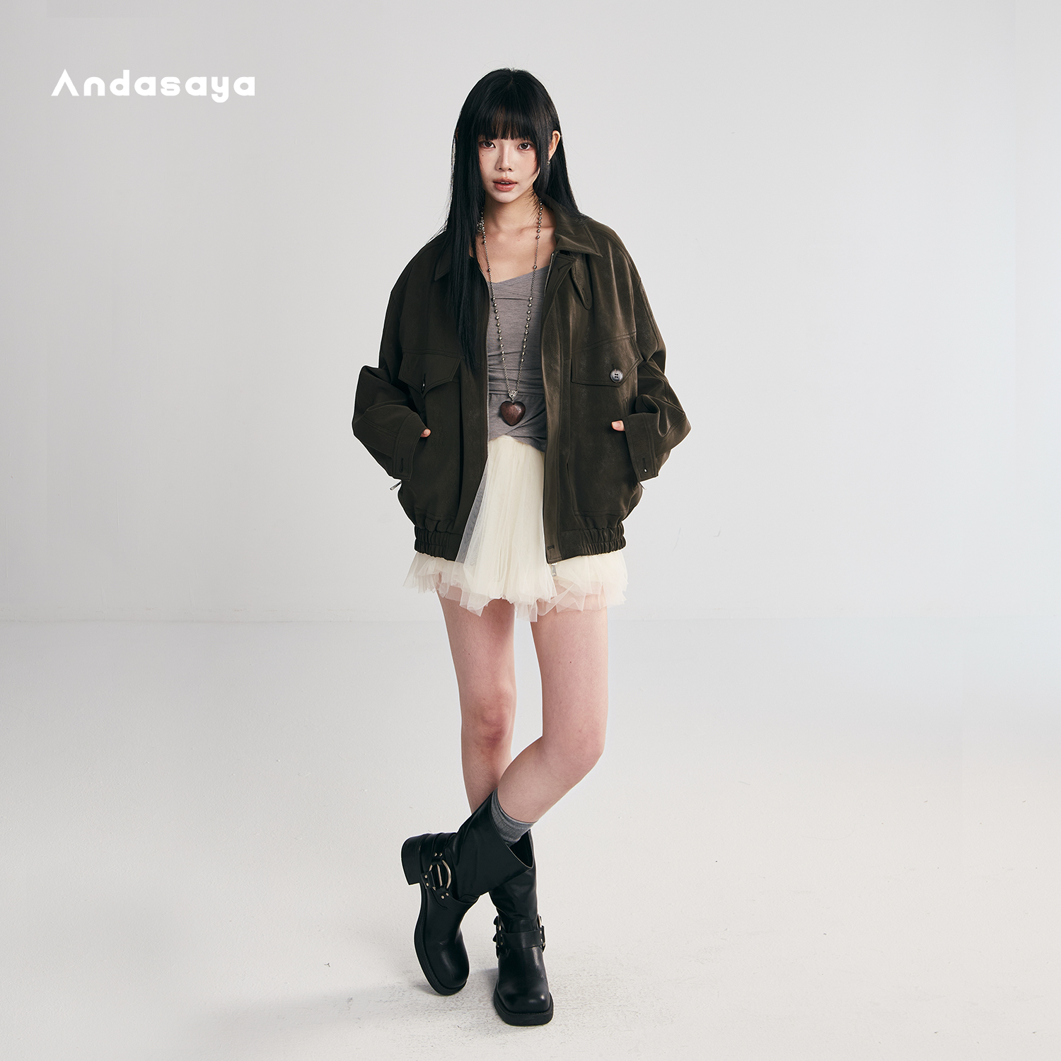 Andasaya 翻领皮衣美式痞帅麂皮复古巴恩风夹克外套 黑色/灰棕
