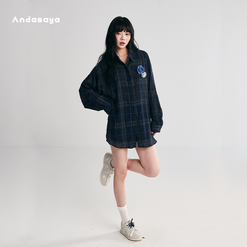 Andasaya 发泡格子衬衣女长袖宽松bf慵懒风格纹衬衫短裤套装