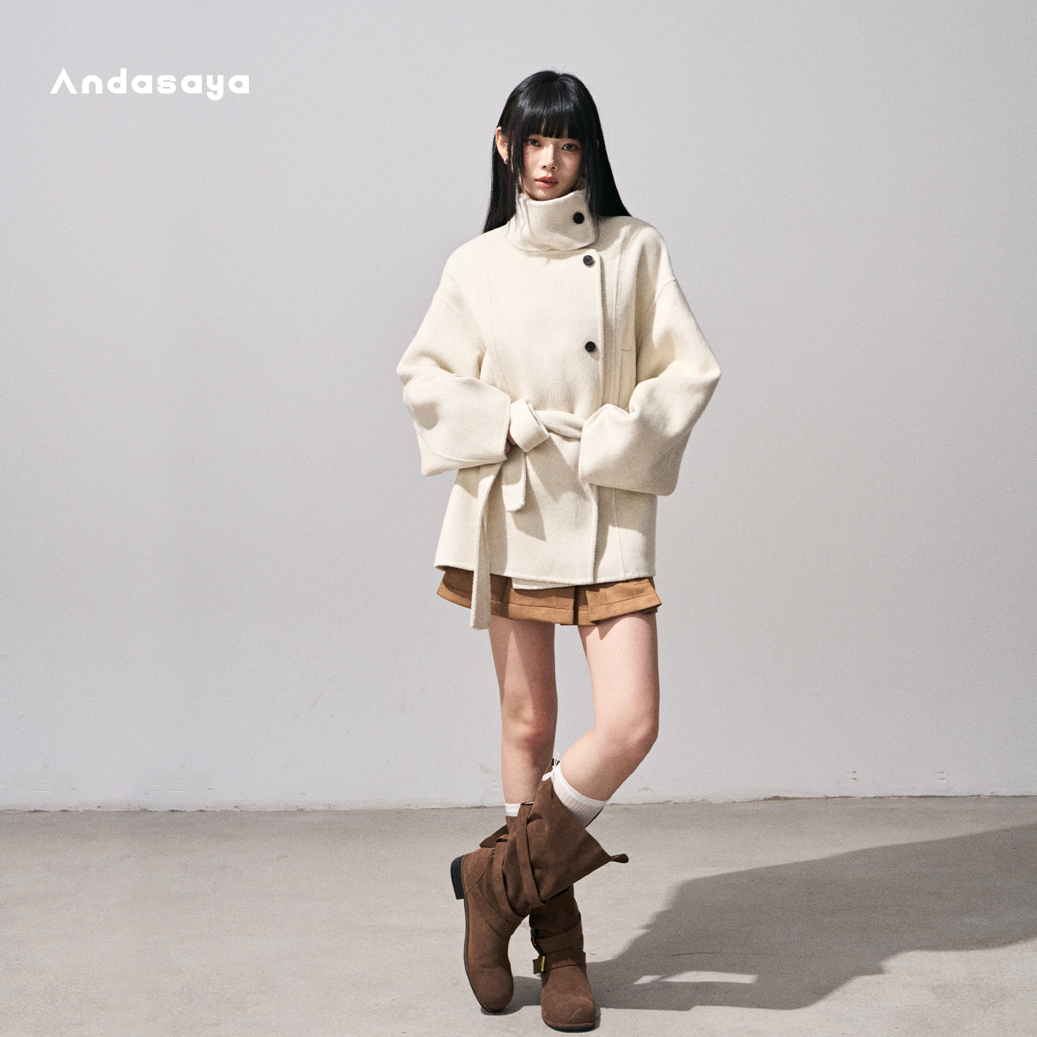 Andasaya 斜排立领双面呢短款羊毛澳毛大衣高品质羊绒毛呢外套