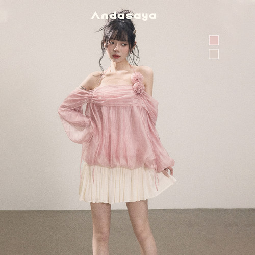 Andasaya 法式挂脖上衣花苞衬衫仙气一字肩温柔雪纺衫 粉色/米卡