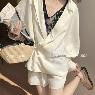 式 衬衫 短裤 GRACETINA TZA405 门襟慵懒随性西装 两件套套装 HOO