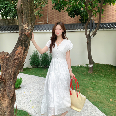 MSTUDIO漫莎-蕾花蕊镂空花朵刺绣气质温柔双层袖长裙M连衣裙T8279