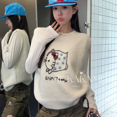 ME KAKAMEE-新品韩系卡通头巾KT提花羊驼毛马甲宽松叠穿毛衣A3712