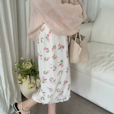 grapestone 葡萄籽-韩系田园风碎花松紧腰木耳边显瘦半身裙26188