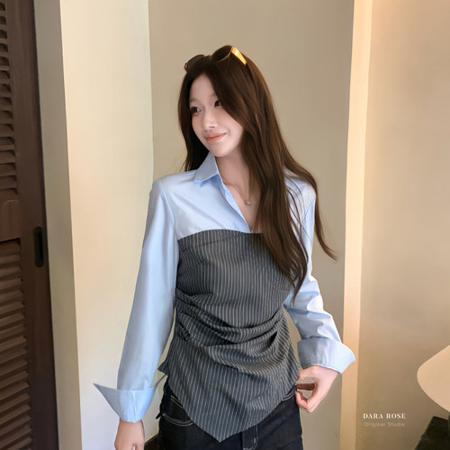 DARA ROSE-优雅气质翻领拼接假两件不规则长袖衬衫上衣小衫QK9651