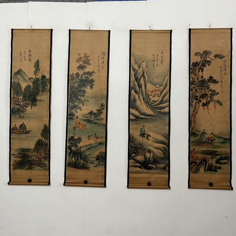 新中式复古客厅字画装饰画做旧仿古挂画书房古玩卷轴装饰四条屏