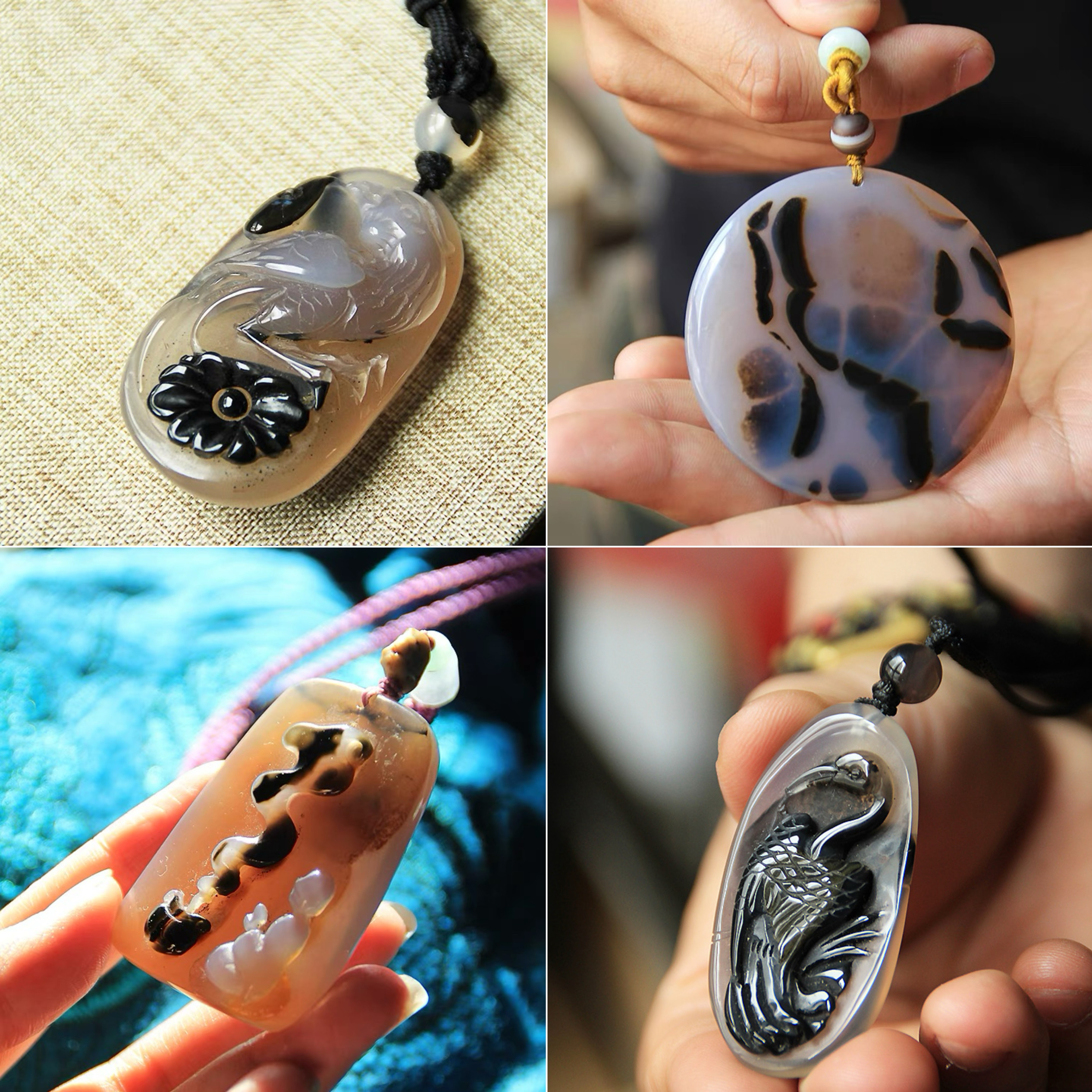 七日拂晓Chiyoko 黑玛瑙 巴西绸缎冰灰黑花纹海洋玉髓吊坠 风景
