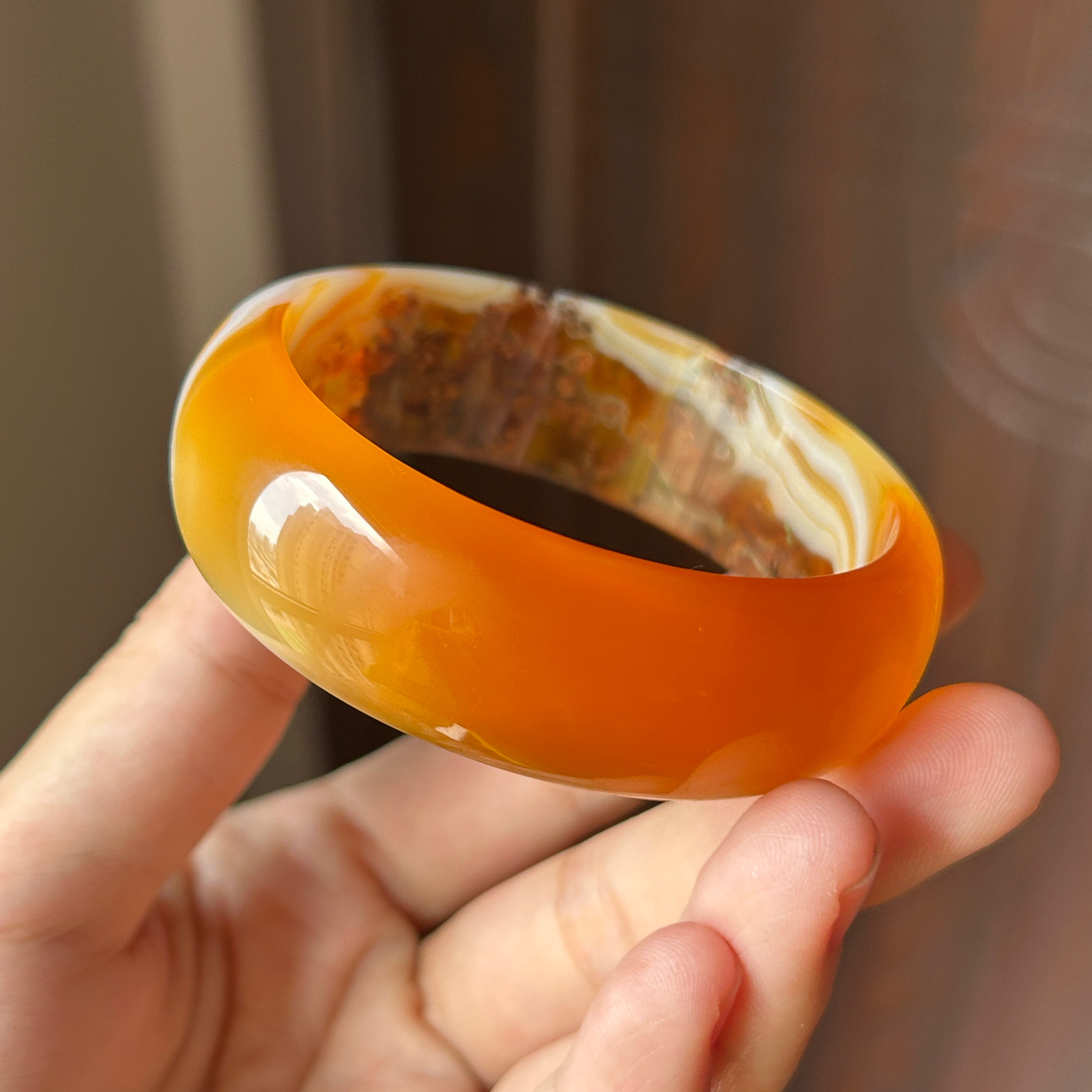 《慕我骄阳月》橙色铁皮红水草玛瑙橘红色 缠丝纹理手镯 54 口径