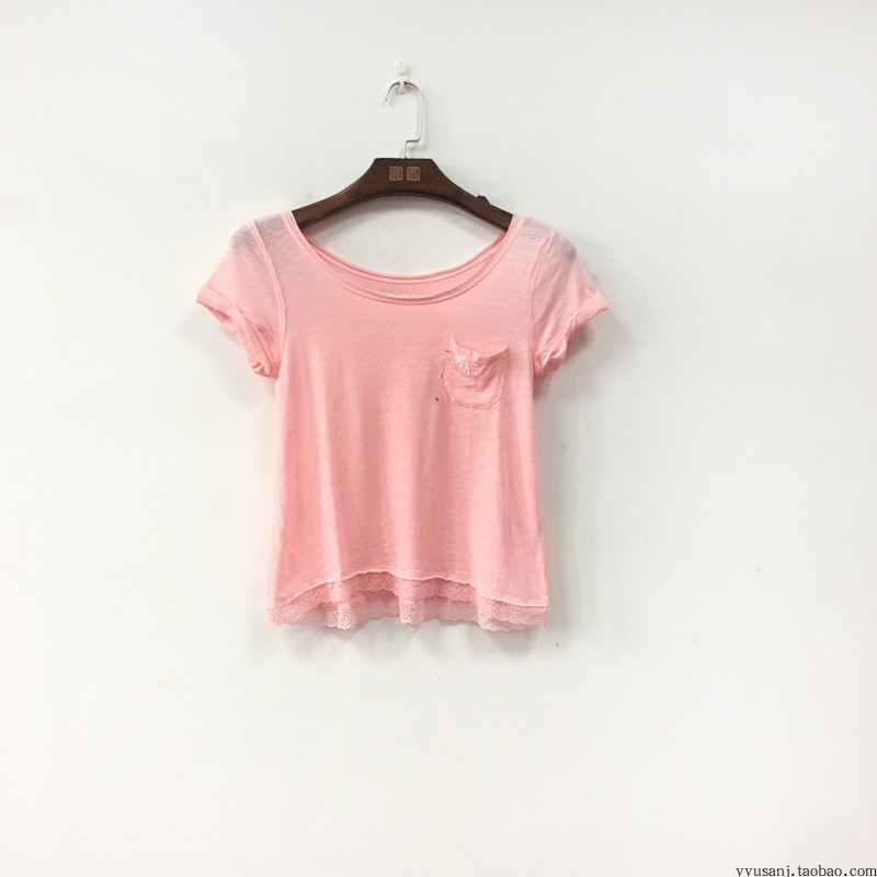 Abercrombie & Fitch 短款T恤女蕾絲短袖t恤衫夏季修身純色 0572