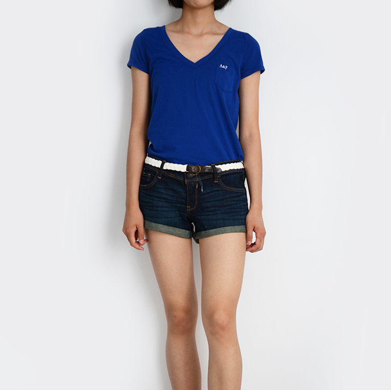 美国正品 Abercrombie & Fitch 女士翻边牛仔短裤/热裤配腰带0166