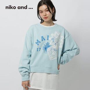 niko春季新款日系套头上衣女蕾丝贴布字母印花宽松圆领棉质卫衣女
