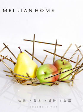 现代简约样板间软装创意镂空金属鸟巢水果置物篮摆件客厅茶几饰品