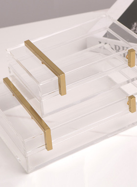 金色金属亚克力首饰盒北欧轻奢样板房装饰收纳盒梳妆台摆件装饰品