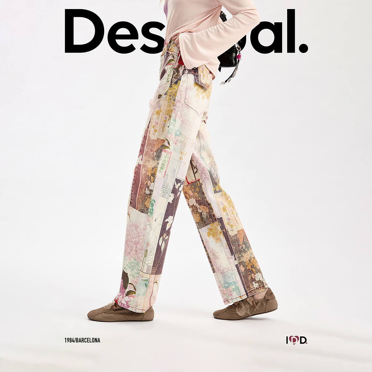 Desigual26秋冬新品拼贴花卉做旧直筒印花女式牛仔裤