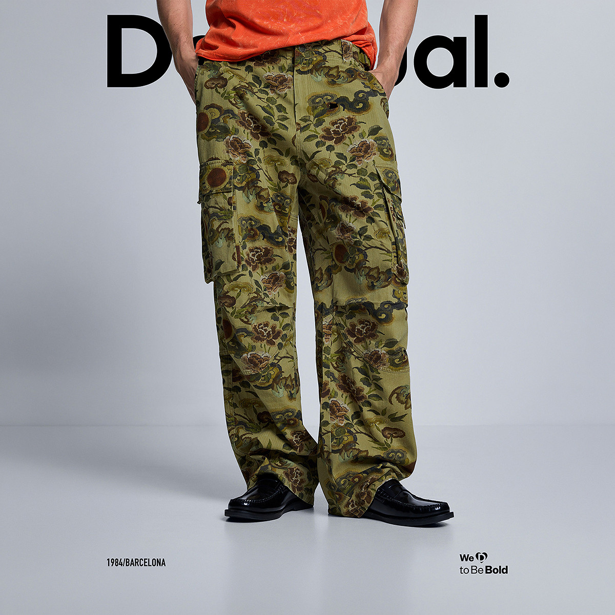 Desigual26秋冬新品做旧复古花卉纹样工装长裤宽松直筒男式休闲裤