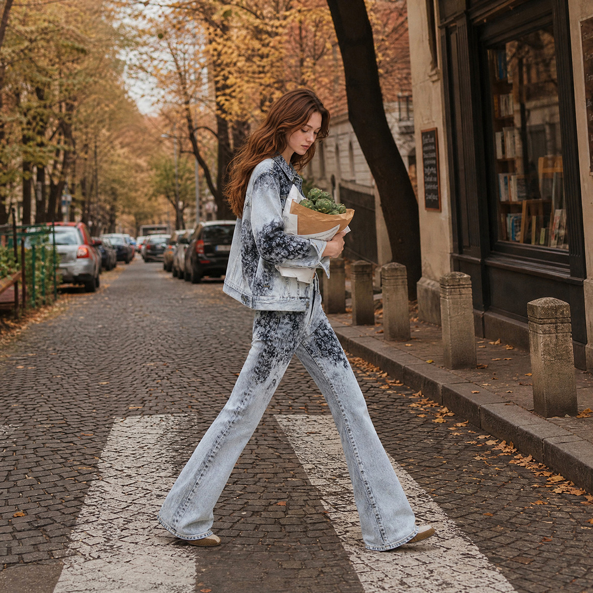 Desigual26秋冬新品白蓝晕染水洗做旧碎花印花牛仔夹克女式外套