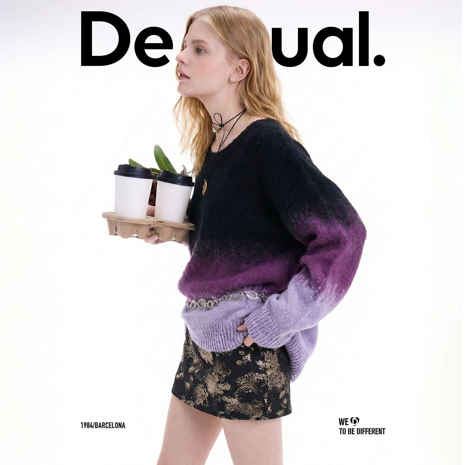 【保暖羊毛混纺】Desigual黑紫渐变提花工艺圆领女士针织衫