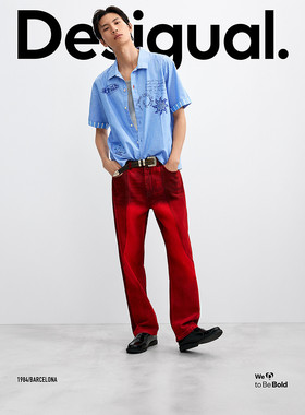 Desigual26秋冬新品蓝条纹面料拼接品牌logo图案印花短袖男式衬衫