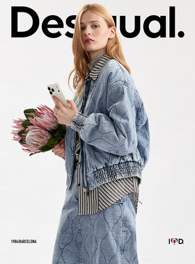 Desigual26秋冬新品宽松水洗牛仔棒球领夹棉女式棉衣外套