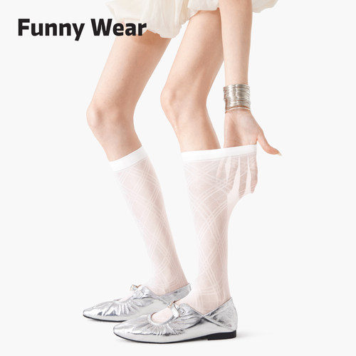 白色菱格丝袜女夏薄款miu小腿袜