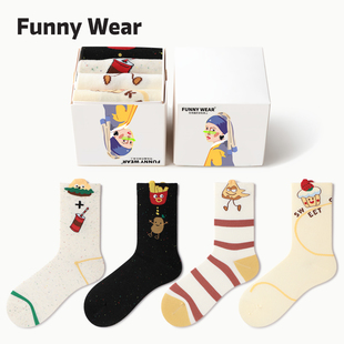 高筒棉袜2026新款 可爱袜子女堆堆袜春夏季 中筒袜搞怪卡通薯条薄款