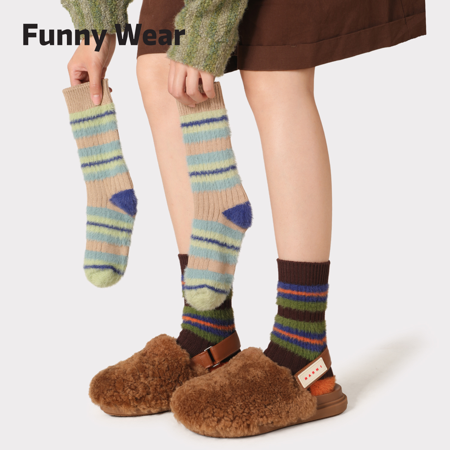 厚款袜子女春秋季水貂绒条纹袜