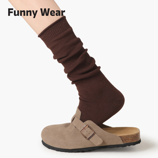 咖色堆堆袜女美拉德穿搭复古卷边纯色中筒袜秋冬季 长筒袜 配勃肯鞋